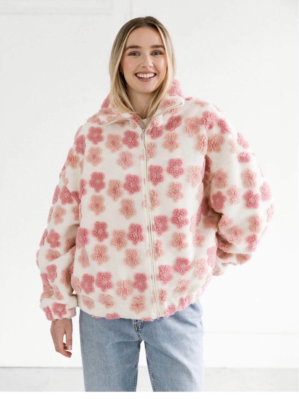 Brunette The Label Cream Sherpa Jacket with Pink Floral Print